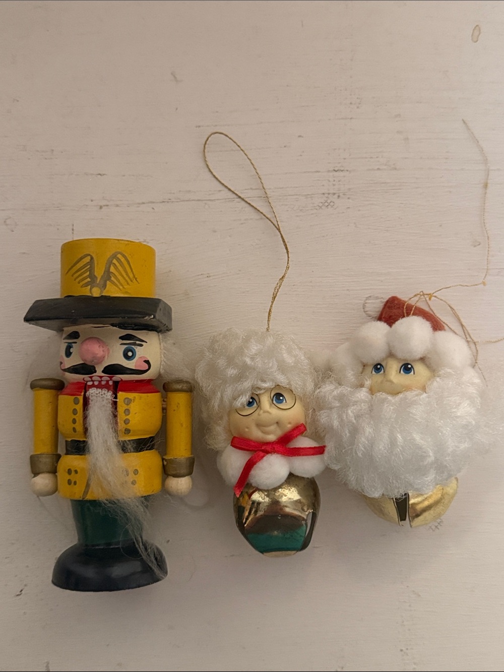 Holiday Christmas small Nutcracker and Santa Ornament Set Mr. Mrs. Claus bells